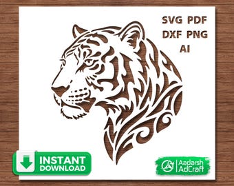 Tribal Tiger Svg, Tiger Head Stencil Cut File for Cricut, Big Cat Design, Laser Cut File, Wood Sign, Wildlife Decor