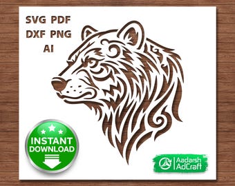 Tribal Bear Svg, Wild Bear Head Stencil Cut File for Cricut, Woodland Animal Design, Laser Cut File, Wood Sign, Wildlife Decor