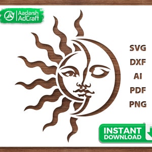 May include: A black and white digital design of a sun and moon with faces. The sun has rays and the moon is a crescent shape. The design is available in SVG, DXF, AI, PDF, and PNG formats. Instant download.