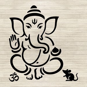 May include: Black line art illustration of the Hindu deity Ganesha, seated with the Om symbol at his feet. A small mouse is to the right. The image is on a light wood grain background.