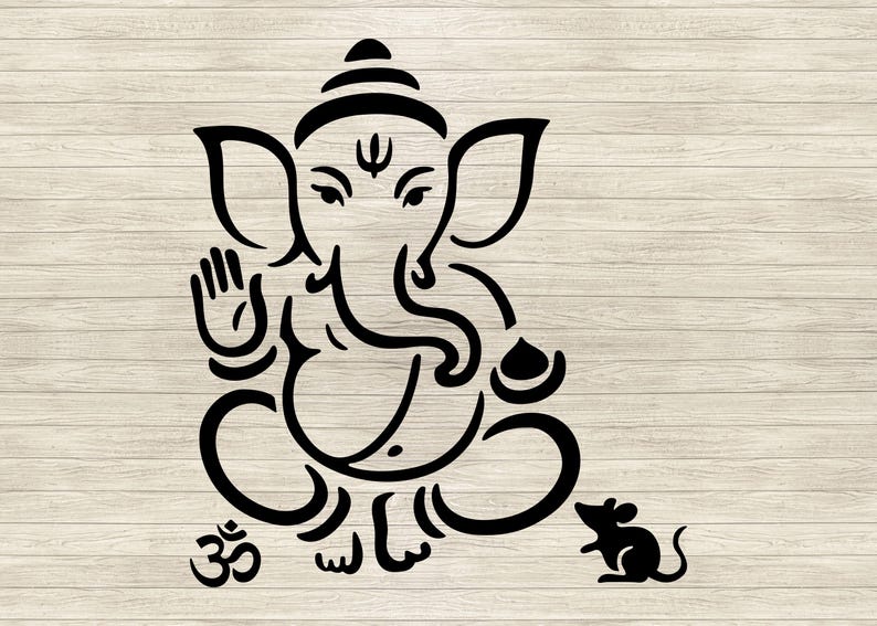 May include: Black line art illustration of the Hindu deity Ganesha, seated with the Om symbol at his feet. A small mouse is to the right. The image is on a light wood grain background.