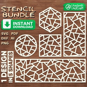 May include: A collection of white geometric stencils in various shapes, including a hexagon, square, circle, and rectangle, with a fractured design. The image includes the text "STENCIL BUNDLE" and "INSTANT DOWNLOAD".