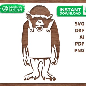 May include: A brown monkey silhouette wearing overalls, with a blank rectangle on the front. The image includes the text "Instant Download" and file type options: SVG, DXF, AI, PDF, and PNG. The logo for Aadarsh AdCraft is in the upper left corner.