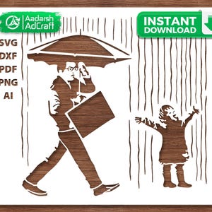 Pode incluir: Um design de arte de estêncil com um homem com um guarda-chuva e uma criança na chuva. O homem carrega uma pasta, enquanto a criança estende os braços alegremente. A imagem inclui o texto "Instant Download" e opções de tipo de arquivo.