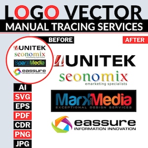 May include: A graphic display for logo vector manual tracing services. It features a before and after comparison of logos for UNITEK, seonomix, MarxMedia, and eassure. A list of file formats including AI, SVG, EPS, PDF, CDR, PNG, and JPG is shown.
