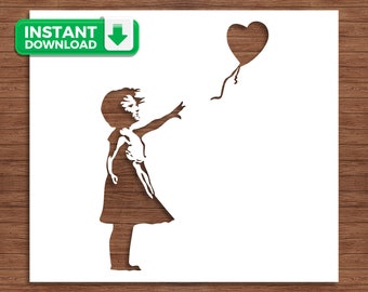 Banksy Girl Heart Balloon Stencil, SVG, DXF, Alone Waiting Girl inspired Street Art, Wall Décor Drawing, DIY Crafting, Lonely Girl Art, B&W