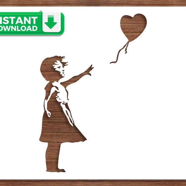 Banksy Girl Heart Balloon Stencil, SVG, DXF, Alone Waiting Girl inspired Street Art, Wall Décor Drawing, DIY Crafting, Lonely Girl Art, B&W