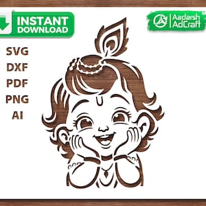 May include: A brown and white cut-out design of a smiling child with curly hair, holding their face in their hands. The image includes the text "INSTANT DOWNLOAD" and file type options: SVG, DXF, PDF, PNG, and AI.