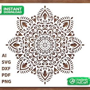 Könnte beinhalten: Ein detailliertes Mandala-Design mit komplizierten Mustern und Wirbeln. Das Mandala ist in brauner Farbe und auf weißem Hintergrund. Das Design ist perfekt zum Laserschneiden, Ätzen oder Gravieren.