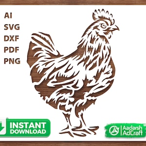 Op de afbeelding: Een wit silhouet van een haan met een gedetailleerd ontwerp. De haan kijkt naar rechts en heeft een grote kam en keellap. De haan staat op twee poten met zijn staartveren die zich achter hem uitspreiden.