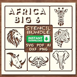 Könnte beinhalten: Ein Schablonen-Bundle mit dem Text "AFRICA BIG 5" und Bildern einer Giraffe, eines Löwen, eines Leoparden, eines Nashorns, eines Büffels und eines Elefanten. Das Bundle enthält SVG-, PDF-, AI-, DXF- und PNG-Dateien.