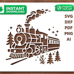 Peut inclure: Un motif de train marron et blanc avec de la fumée, des arbres et des étoiles. L'image comprend le texte "Téléchargement instantané" et les options de type de fichier : SVG, DXF, PDF, PNG et AI. Le motif est adapté aux projets de création.