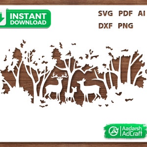 May include: White silhouette of a deer family in a woodland setting. The deer are standing in a clearing surrounded by trees. The image is suitable for use as a stencil or cut file.