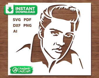 Plantilla de cara de Elvis Presley / Leyenda de la música SVG, Arte mural de rock and roll, Plantilla de tatuaje, Impresión de camisetas, Silueta de Cricut