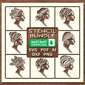 May include: A stencil bundle featuring eight profile portraits of women with ornate headwear and jewelry. The stencils are in a light brown color, set against a cream background. The center of the image has the text "Stencil Bundle" and "Instant Download".