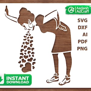 Könnte beinhalten: Eine braune und weiße Grafik einer Person, die Herzen erbricht und eine Flasche hält. Das Bild enthält den Text "SVG, DXF, AI, PDF, PNG" und "Instant Download".