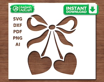 Heart Bow Svg, Hanging Hearts Svg, Valentine Bow Svg, Love Heart Cut File, Cricut Svg, Laser Cut File, Dxf Png Pdf Ai