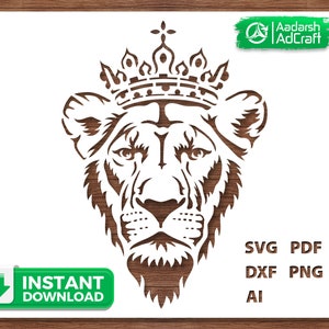 王冠をつけたライオンの頭のアート ステンシル、ライオン ステンシル、ベクター スタイル SVG、dxf、野生動物アート、壁の装飾、DIY クラフト、クリカット、シルエット デザイン