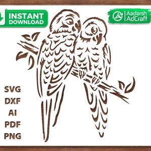 Puede incluir: Un diseño de arte de línea en blanco y negro de dos loros posados ​​en una rama. Los loros se miran y tienen plumas detalladas. El diseño es adecuado para proyectos de artesanía como cortar, grabar o grabar.