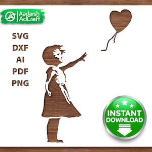 Banksy Girl Heart Balloon Stencil, SVG, DXF, Alone Waiting Girl ispirato Street Art, Wall Décor Drawing, DIY Crafting, Lonely Girl Art, B&W