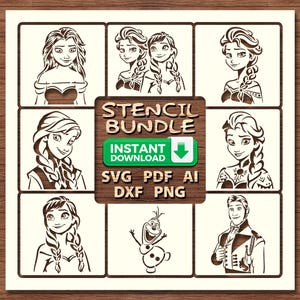 Op de afbeelding: Een digitale sjabloonbundel met personages uit de animatiefilm Frozen. De bundel bevat afbeeldingen van Elsa, Anna, Olaf, Kristoff en Hans. De tekst "Stencil Bundle" en "Instant Download" wordt weergegeven op de afbeelding. De bestandsformaten die in de bundel zijn opgenomen, zijn SVG, PDF, AI, DXF en PNG.
