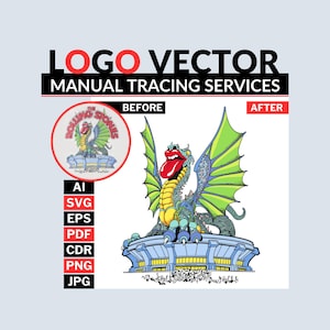 Könnte beinhalten: Grafik, die Logo-Vektor-Manuelle-Tracing-Dienste veranschaulicht. Das Bild zeigt einen Drachen mit roter Zunge und grünen Flügeln und den Text "LOGO VECTOR MANUAL TRACING SERVICES". Das Bild zeigt auch die Dateitypen: AI, SVG, EPS, PDF, CDR, PNG, JPG.