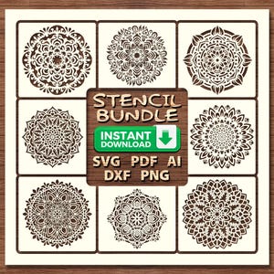 May include: A set of six mandala stencils for crafting projects. The stencils are in a white square frame with a green border. The text "Stencil Bundle" is in a green box with a white border. The text "Instant Download" is in a green box with a white border. The text "SVG PDF AI DXF PNG" is in a green box with a white border.
