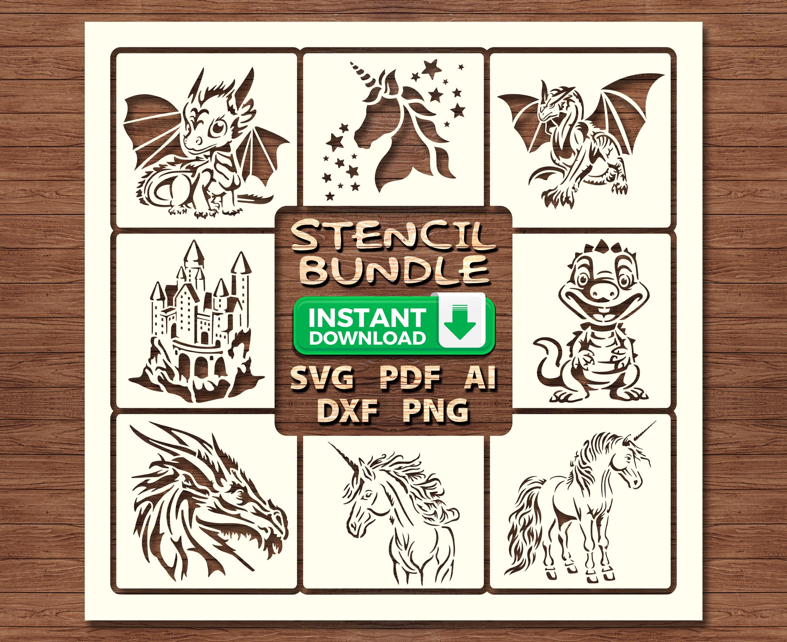 Fantasy Creature Stencil Bundle Unicorn, Dragon, Castle SVG,…
