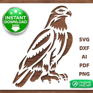 May include: A white silhouette of an eagle with its wings spread, standing on a branch. The image is on a white background with the text "SVG, DXF, AI, PDF, PNG" and "Aadarsh AdCraft" in green.