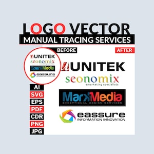 May include: An image demonstrating logo vector manual tracing services. It features "before" and "after" examples of logo designs, alongside file format options including AI, SVG, EPS, PDF, CDR, PNG, and JPG.