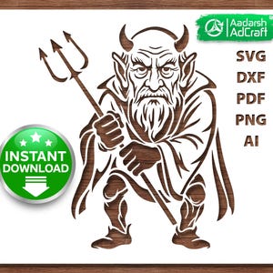 May include: A brown illustration of a devil holding a trident, with horns and a beard. The image includes the text "SVG, DXF, PDF, PNG, AI" and a green "Instant Download" button.