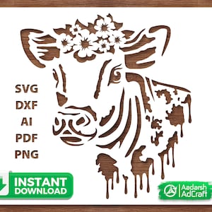 May include: A white silhouette of a cow's head with a floral crown and dripping paint. The image includes the text "SVG, DXF, AI, PDF, PNG, INSTANT DOWNLOAD, Aadarsh AdCraft".