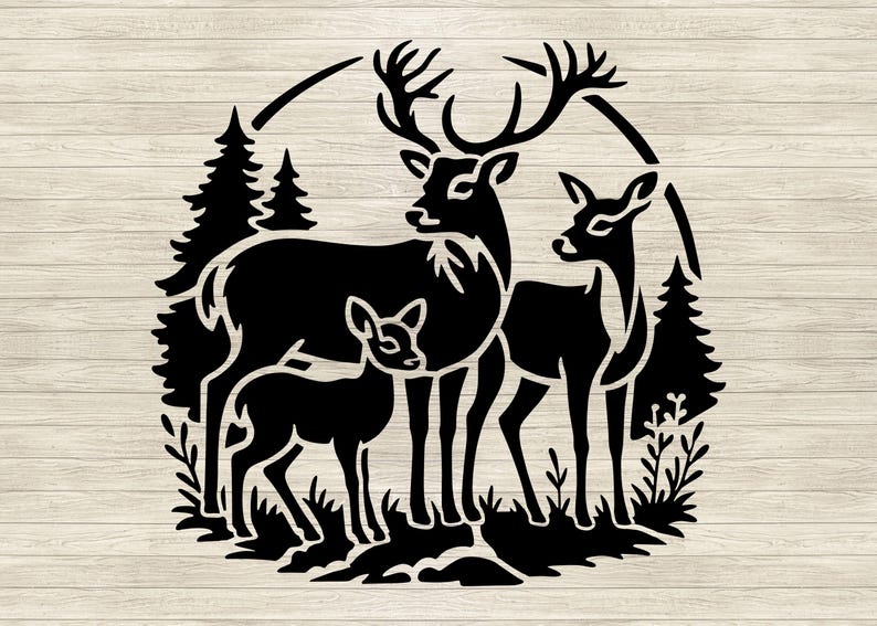 Wild Deer Family With Trees Stencil SVG DXF Png Pdf Ai | Forest Animal ...