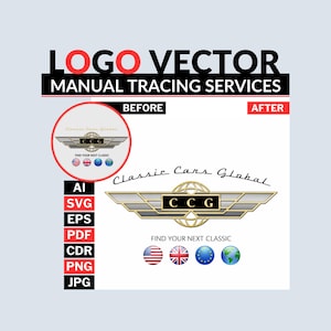 May include: A graphic advertising logo vector and manual tracing services. The image presents a "before" and "after" comparison of a logo, alongside file format options including AI, SVG, EPS, PDF, CDR, PNG, and JPG. The logo features the text "CCG" and "Find Your Next Classic."