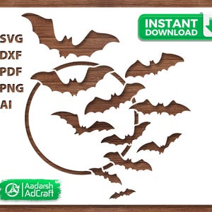 Halloween Bats and Moon Night Stencil SVG, Spooky Bat Silhouette Cut File for Cricut, Haunted Moon Scene Template for Wall Art & Crafts