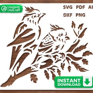 Plantilla de arte creativo de pareja de pájaros amorosos en rama, Plantilla de pájaros amorosos, Arte amoroso, SVG, dxf, Patrón de decoración de pared, Elaboración DIY, Láser, Cricut