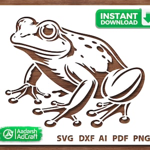 May include: A brown stencil design of a frog in a sitting position with a white background. The image includes a green button labelled INSTANT DOWNLOAD and a green logo with the text Aadarsh AdCraft, plus the text SVG DXF AI PDF PNG.
