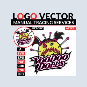 Peut inclure: Conception graphique d'une poupée vaudou jaune avec des cheveux noirs et des accents roses. Le texte "LOGO VECTOR MANUAL TRACING SERVICES" est en haut, avec "VOODOO DOLLS" dans une police stylisée en dessous. Types de fichiers listés.