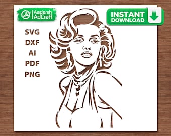 May include: A brown and white stencil of Marilyn Monroe, featuring her iconic hairstyle and jewelry. The image includes the text "SVG, DXF, AI, PDF, PNG" and a green banner that says "INSTANT DOWNLOAD".