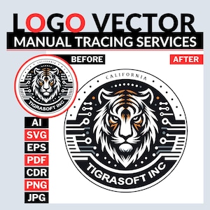 Peut inclure: Illustration de services de vectorisation de logo. L'image présente une transformation du logo d'un tigre, avec des versions "AVANT" et "APRÈS". Le logo circulaire comprend un visage de tigre, le texte "CALIFORNIA" et "TIGRASOFT INC". Icônes de formats de fichiers.