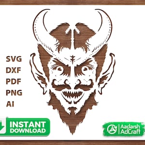 Plantilla de diablo de Halloween / Cara aterradora SVG, plantilla de máscara de demonio, decoración de pared espeluznante, arte de tatuajes, pintura DIY, manualidades para pasteles, Cricut y silueta