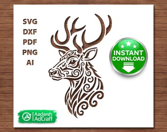 Deer Head SVG, Buck Stencil SVG, Tribal Deer Cut File, Antler SVG for Cricut, Wildlife Laser Cut, Hunting Decor, Deer Head svg