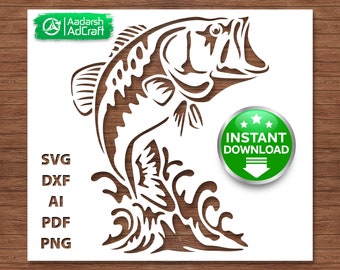 Bass Fish Jumping Stencil Art, Vector Bass Fish Stencil, Sea Creature Art, Aquatic Printable, SVG, dxf, Wall Décor, DIY Craft, Laser, Cricut