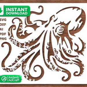 Puede incluir: Diseño de plantilla de pulpo blanco con detalles intrincados, incluyendo tentáculos arremolinados y un ojo detallado. La imagen incluye el texto "Descarga instantánea" y opciones de tipo de archivo: SVG, DXF, AI, PDF y PNG.
