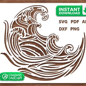 以下が含まれることがあります： 茶色と白のステンシルデザインで、様式化された海の波が描かれています。「INSTANT DOWNLOAD」の文字と、SVG、PDF、AI、DXF、PNGのファイル形式オプションが含まれています。Aadarsh AdCraftのロゴも表示されています。
