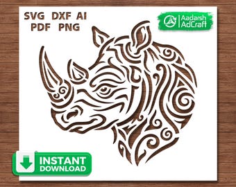Tribal Rhino Svg, Rhino Head Stencil Cut File for Cricut, Rhinoceros Design, Laser Cut File, Wood Sign, Wildlife Decor
