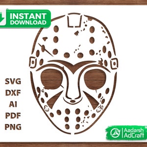 May include: A white silhouette of a hockey mask with a distressed, worn look. The mask has a series of holes and a small, round opening for the mouth.