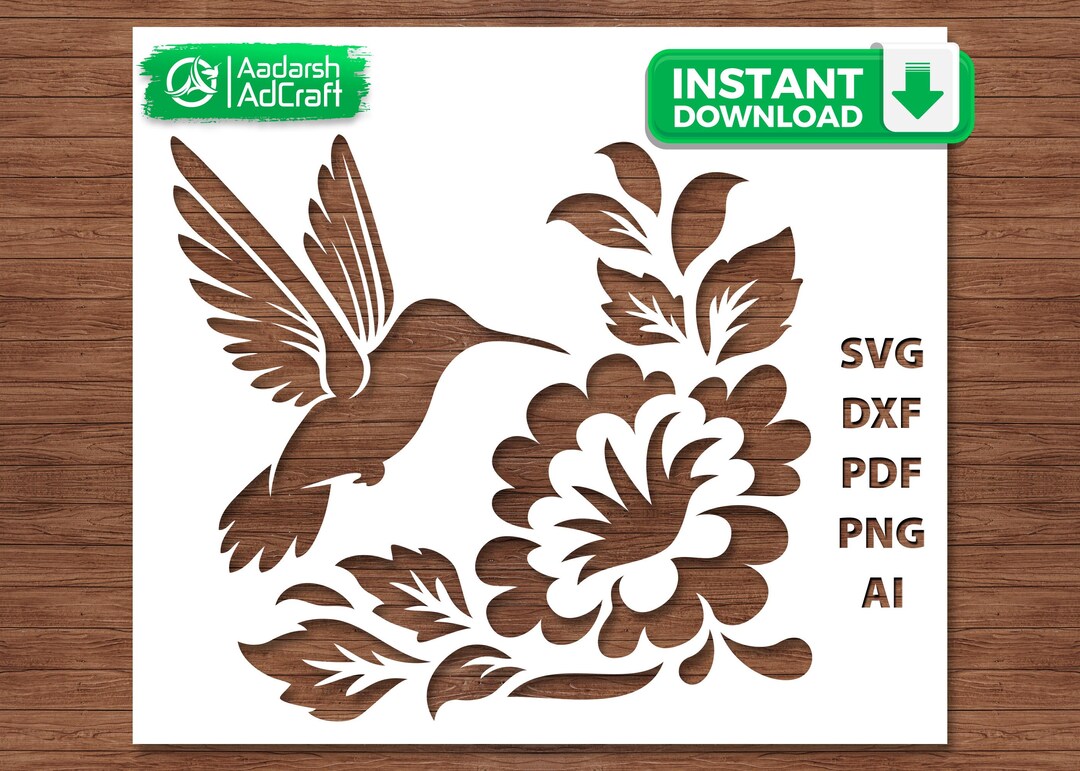 Flying Hummingbird Stencil With Flower SVG, Bird & Floral Template for ...