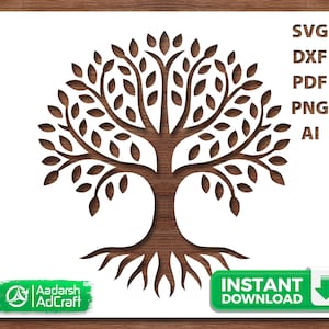 May include: A brown tree design with leaves and roots, cut out from a white background. The image includes the text "SVG, DXF, PDF, PNG, AI" and a green "Instant Download" button. The logo for "Aadarsh AdCraft" is also present.