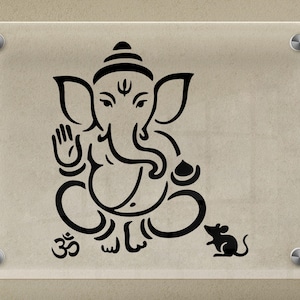 May include: A black line drawing of the Hindu deity Ganesha on a rectangular, off-white background. The image is mounted on a clear acrylic panel with four silver screws. The image includes the Om symbol and a mouse.